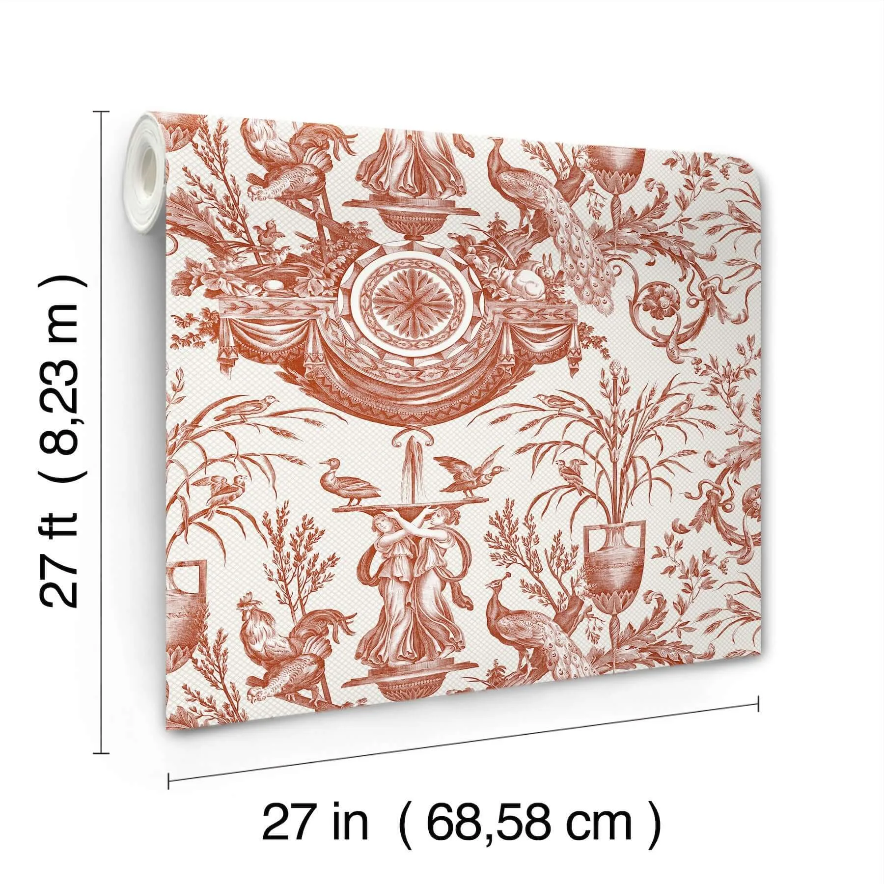 York Wallcoverings Avian Fountain Toile wallpaper, color Brick, SKU RT7814