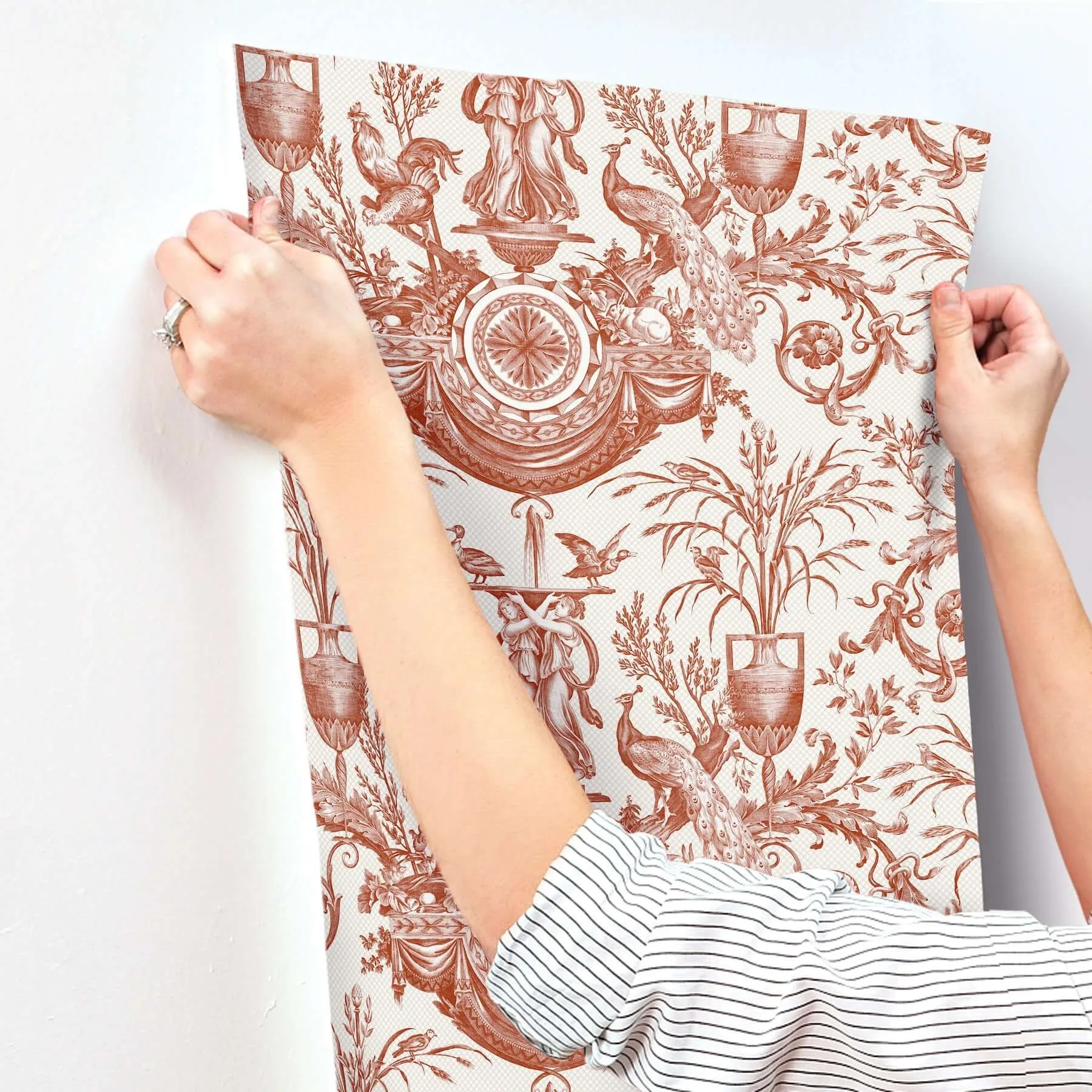 York Wallcoverings Avian Fountain Toile wallpaper, color Brick, SKU RT7814
