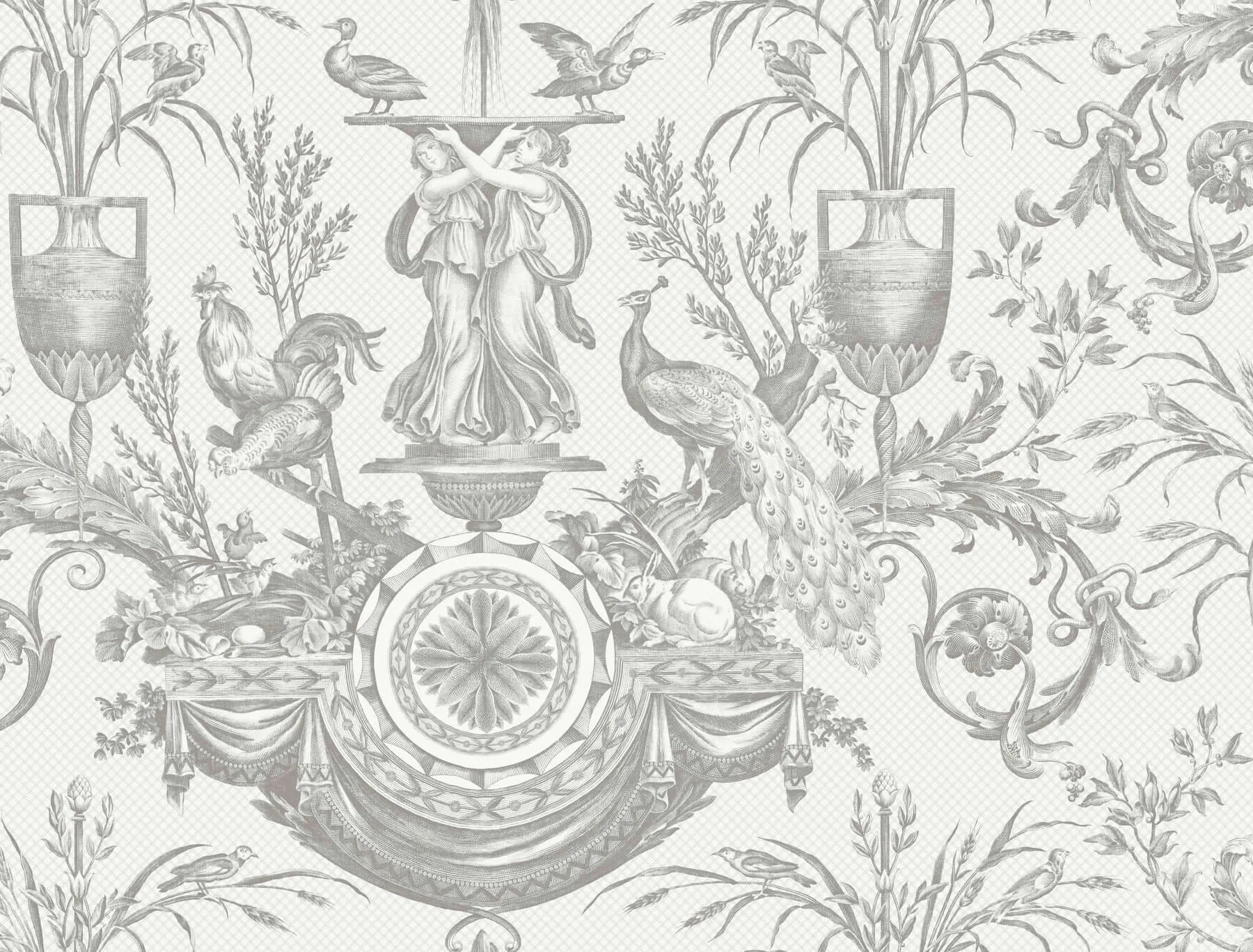 York Wallcoverings Avian Fountain Toile wallpaper, color Grey, SKU RT7815