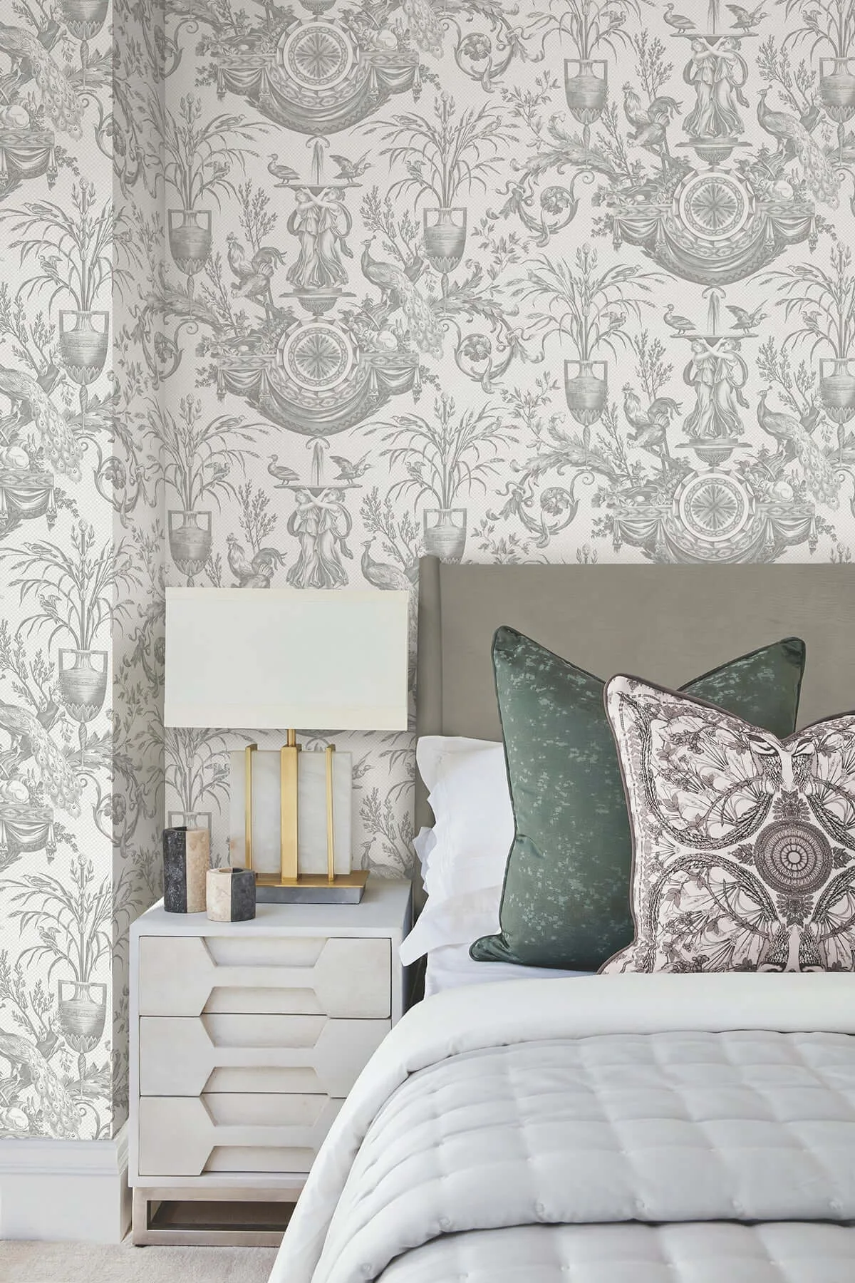 York Wallcoverings Avian Fountain Toile - Grey Wallpaper | Buy Online York Wallcoverings Avian Fountain Toile wallpaper, color Grey, SKU RT7815
