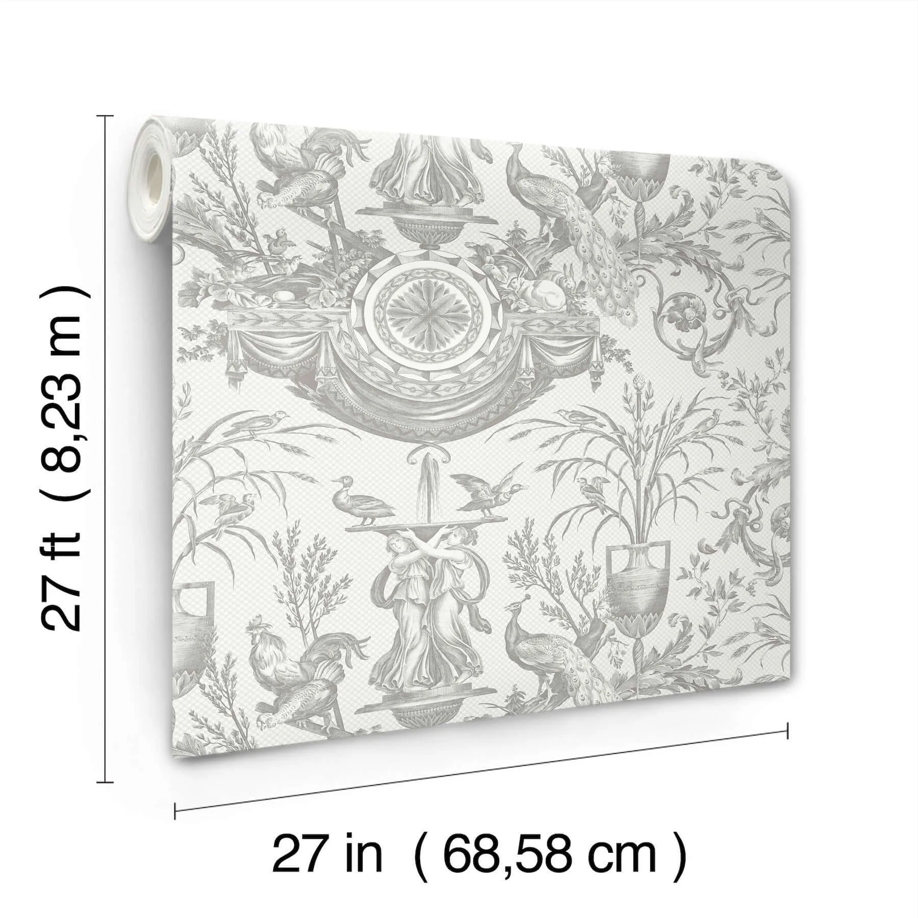 York Wallcoverings Avian Fountain Toile - Grey Wallpaper | Buy Online York Wallcoverings Avian Fountain Toile wallpaper, color Grey, SKU RT7815