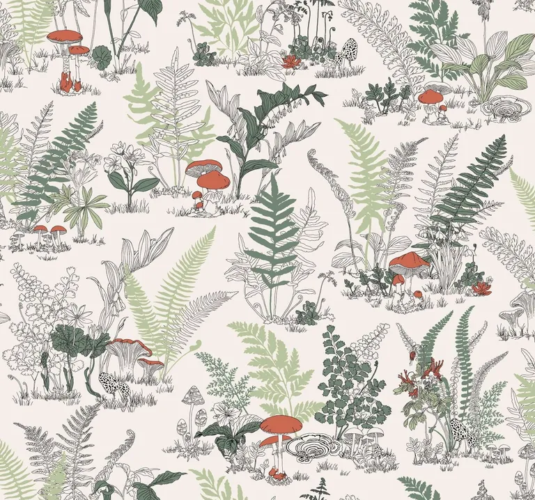 York Wallcoverings Mushroom Garden Toile wallpaper, color Red & Green, SKU RT7891