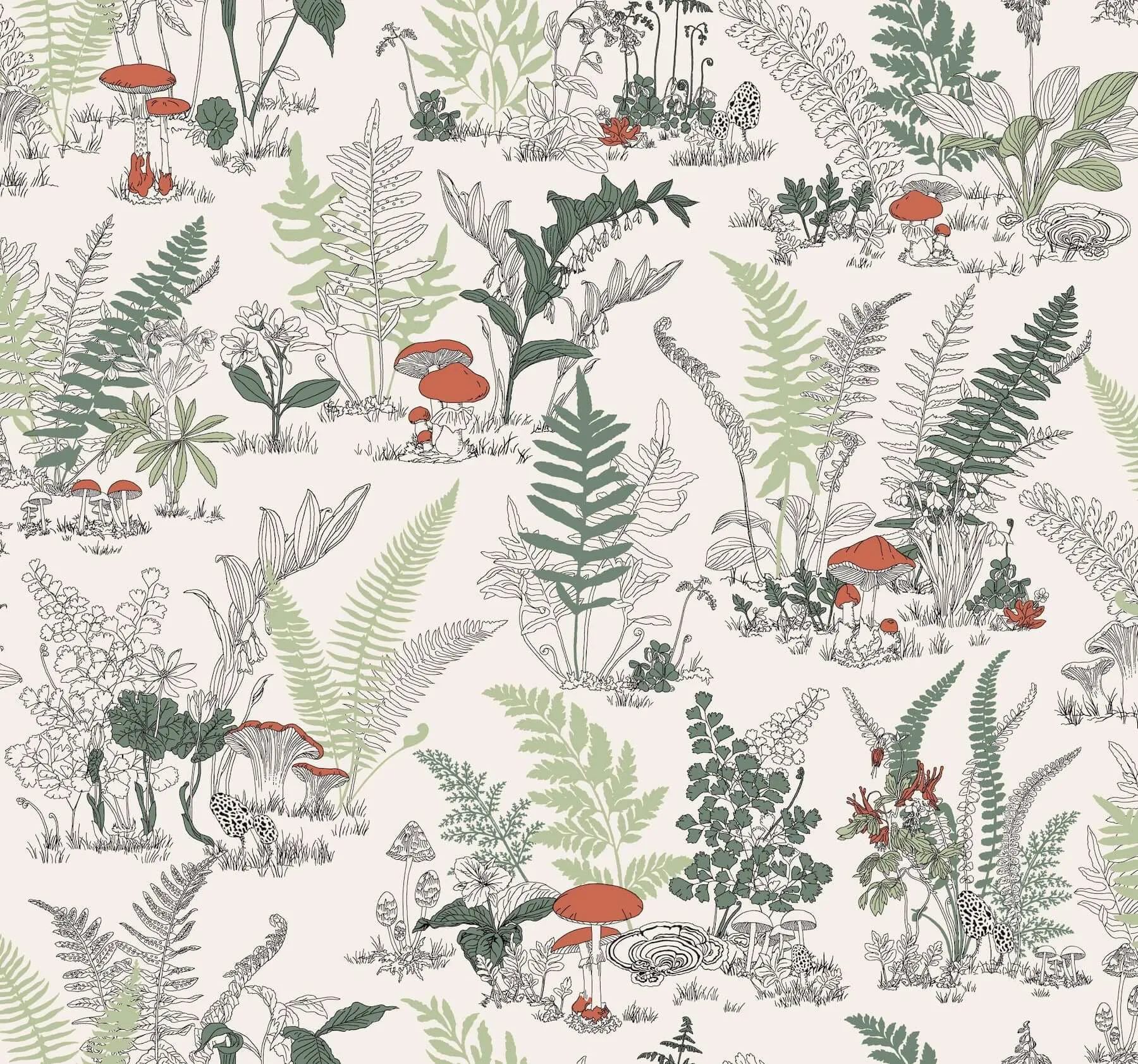 York Wallcoverings Mushroom Garden Toile wallpaper, color Red & Green, SKU RT7891