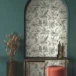 York Wallcoverings Mushroom Garden Toile wallpaper, color Red & Green, SKU RT7891