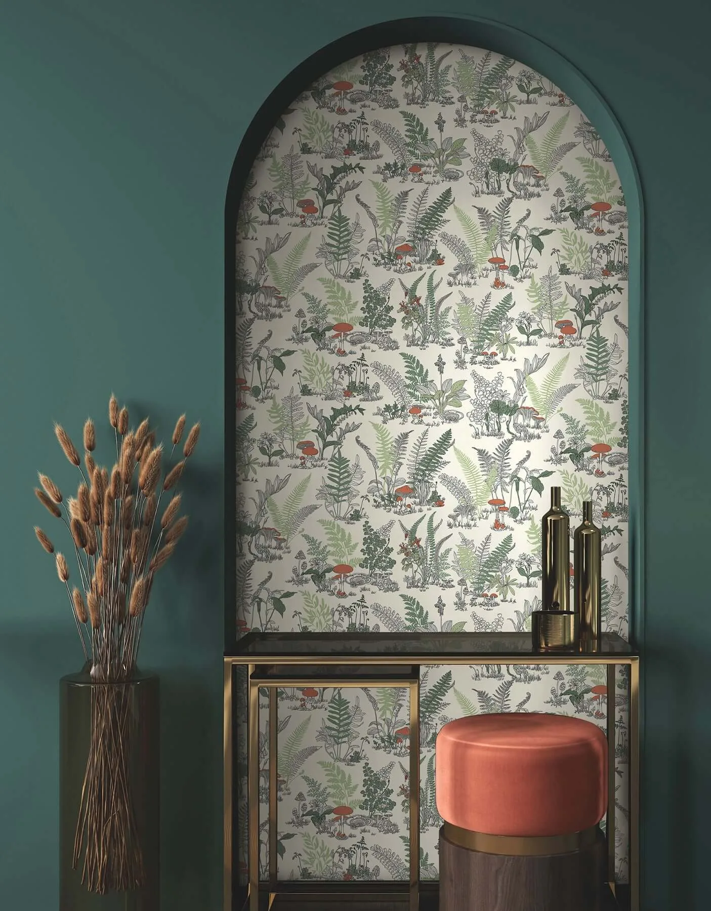 York Wallcoverings Mushroom Garden Toile wallpaper, color Red & Green, SKU RT7891