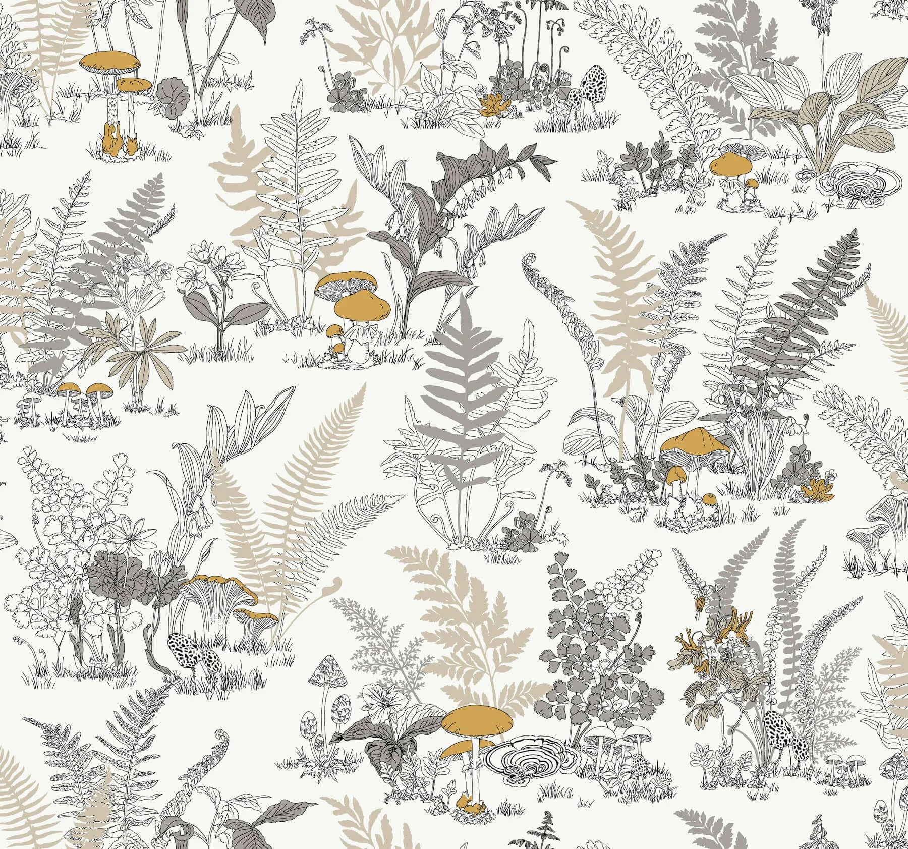 York Wallcoverings Mushroom Garden Toile wallpaper, color Neutral & Gold, SKU RT7892