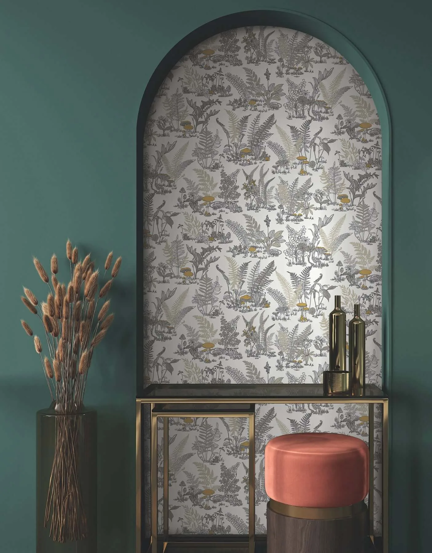 York Wallcoverings Mushroom Garden Toile wallpaper, color Neutral & Gold, SKU RT7892
