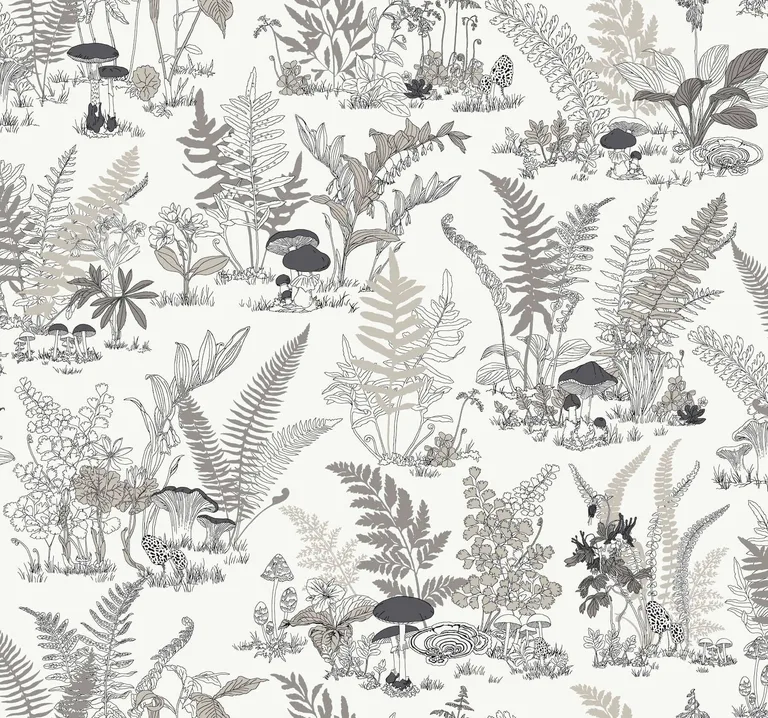 York Wallcoverings Mushroom Garden Toile wallpaper, color Black & Grey, SKU RT7893