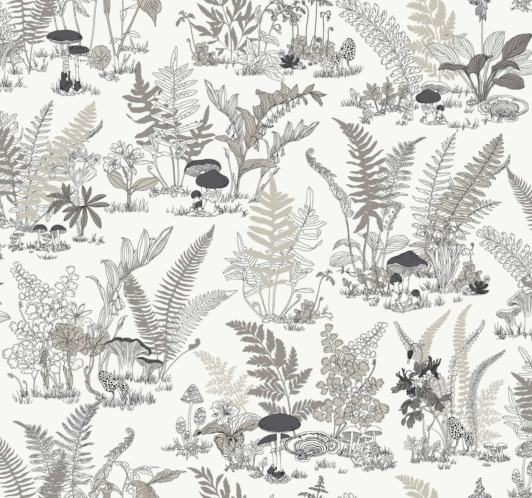 York Wallcoverings Mushroom Garden Toile wallpaper, color Black & Grey, SKU RT7893
