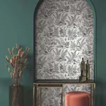 York Wallcoverings Mushroom Garden Toile wallpaper, color Black & Grey, SKU RT7893