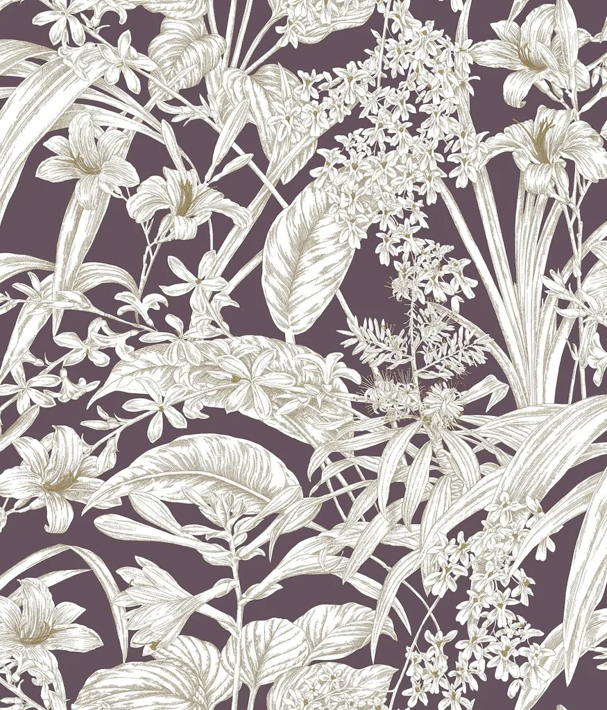 York Wallcoverings Orchid Conservatory Toile wallpaper, color Mulberry, SKU RT7881