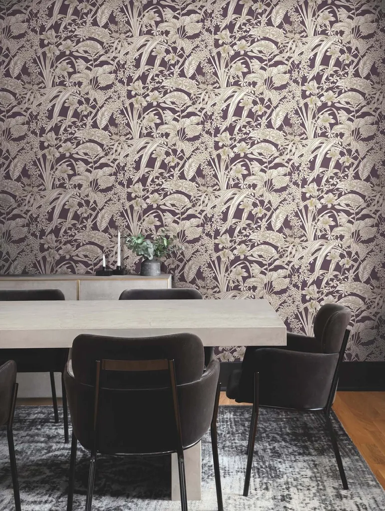 York Wallcoverings Orchid Conservatory Toile wallpaper, color Mulberry, SKU RT7881