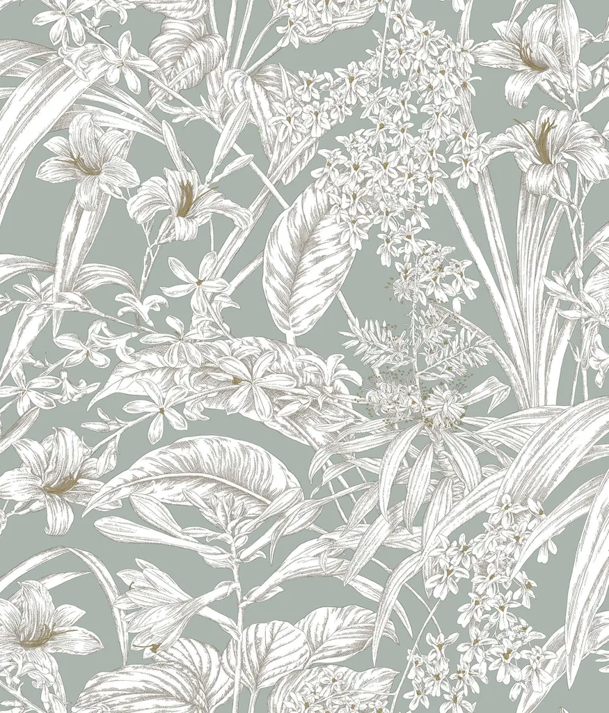York Wallcoverings Orchid Conservatory Toile wallpaper, color Seamist & Taupe, SKU RT7882