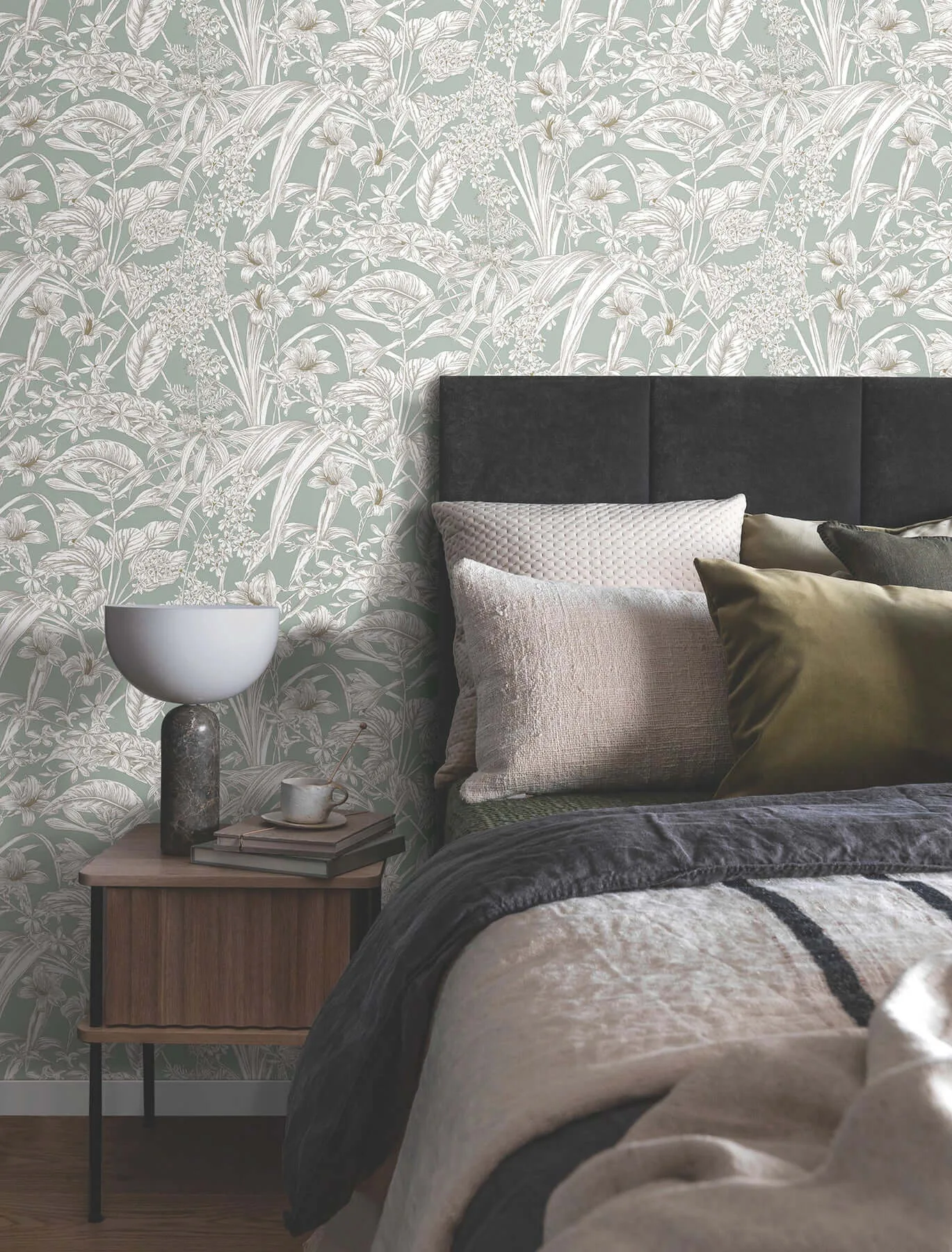 York Wallcoverings Orchid Conservatory Toile wallpaper, color Seamist & Taupe, SKU RT7882