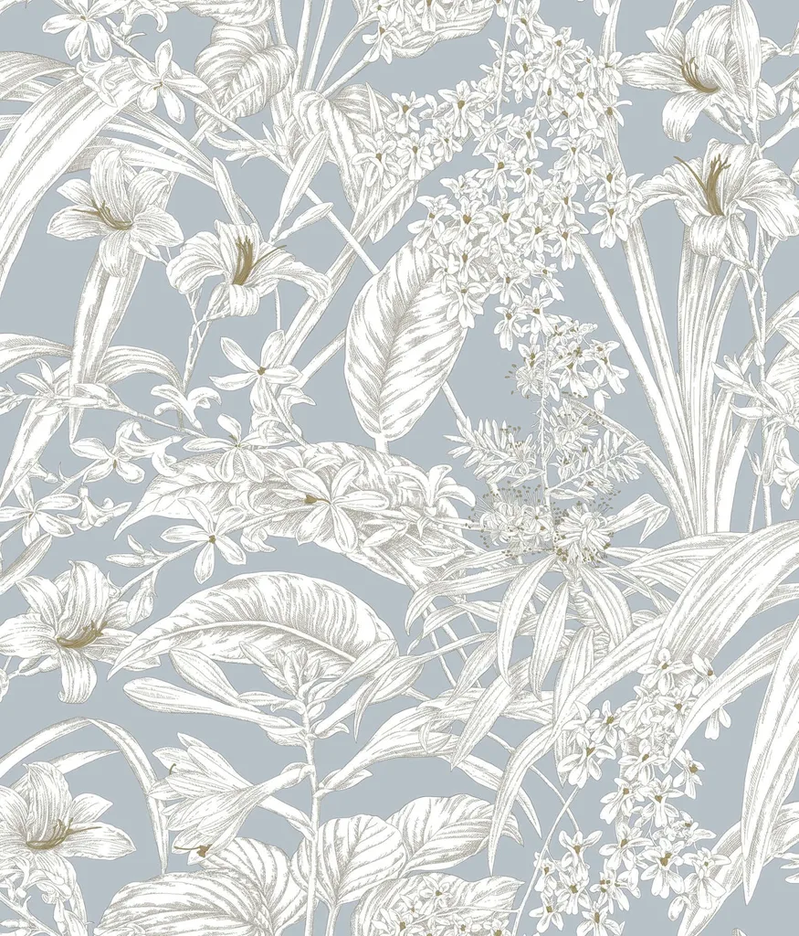 York Wallcoverings Orchid Conservatory Toile wallpaper, color Blue & Taupe, SKU RT7884