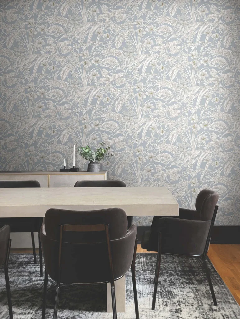 York Wallcoverings Orchid Conservatory Toile wallpaper, color Blue & Taupe, SKU RT7884