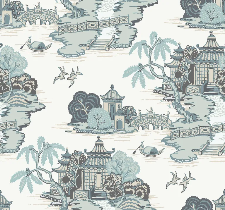 York Wallcoverings Pagoda And Sampan Scenic wallpaper, color Seamist, SKU RT7904