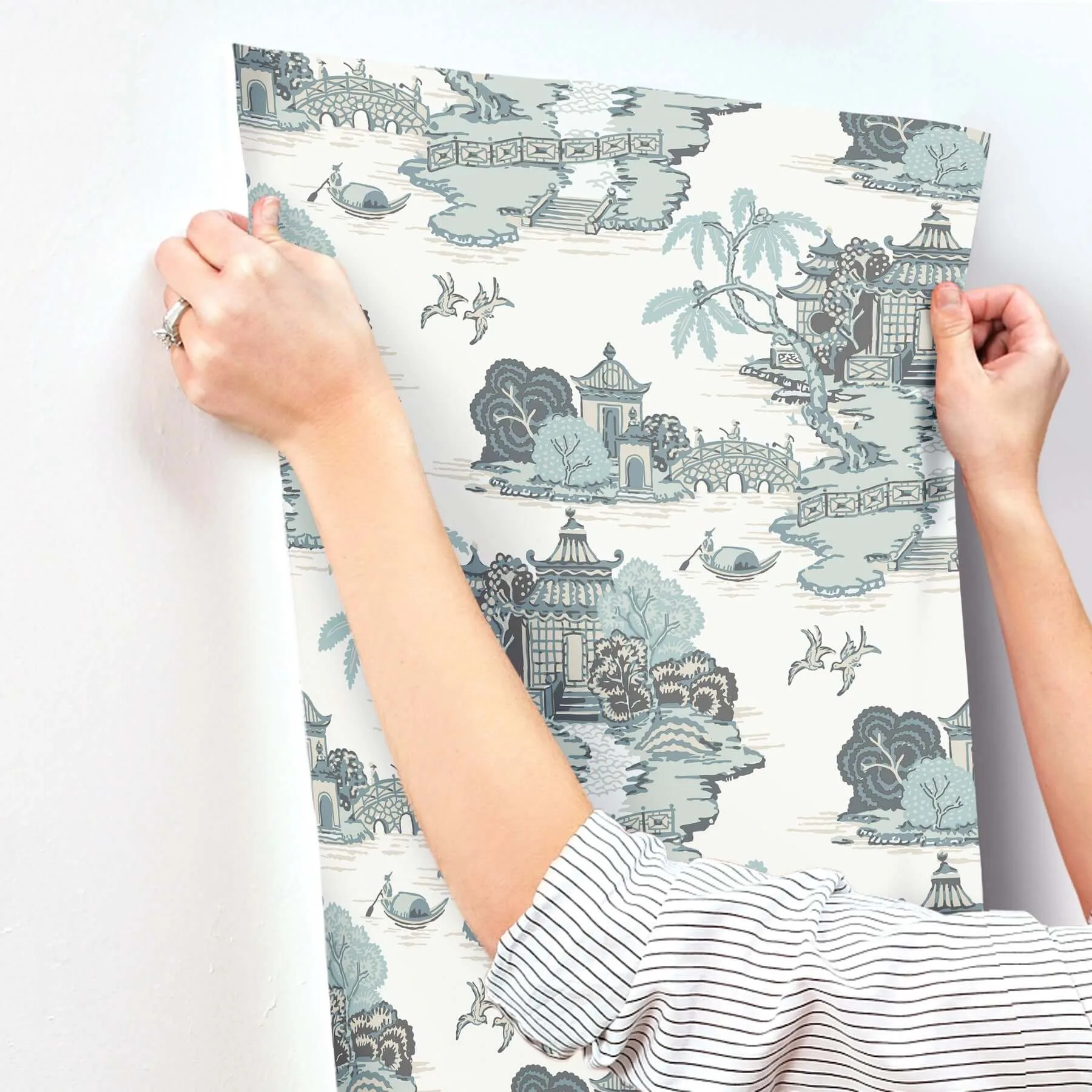 York Wallcoverings Pagoda And Sampan Scenic wallpaper, color Seamist, SKU RT7904