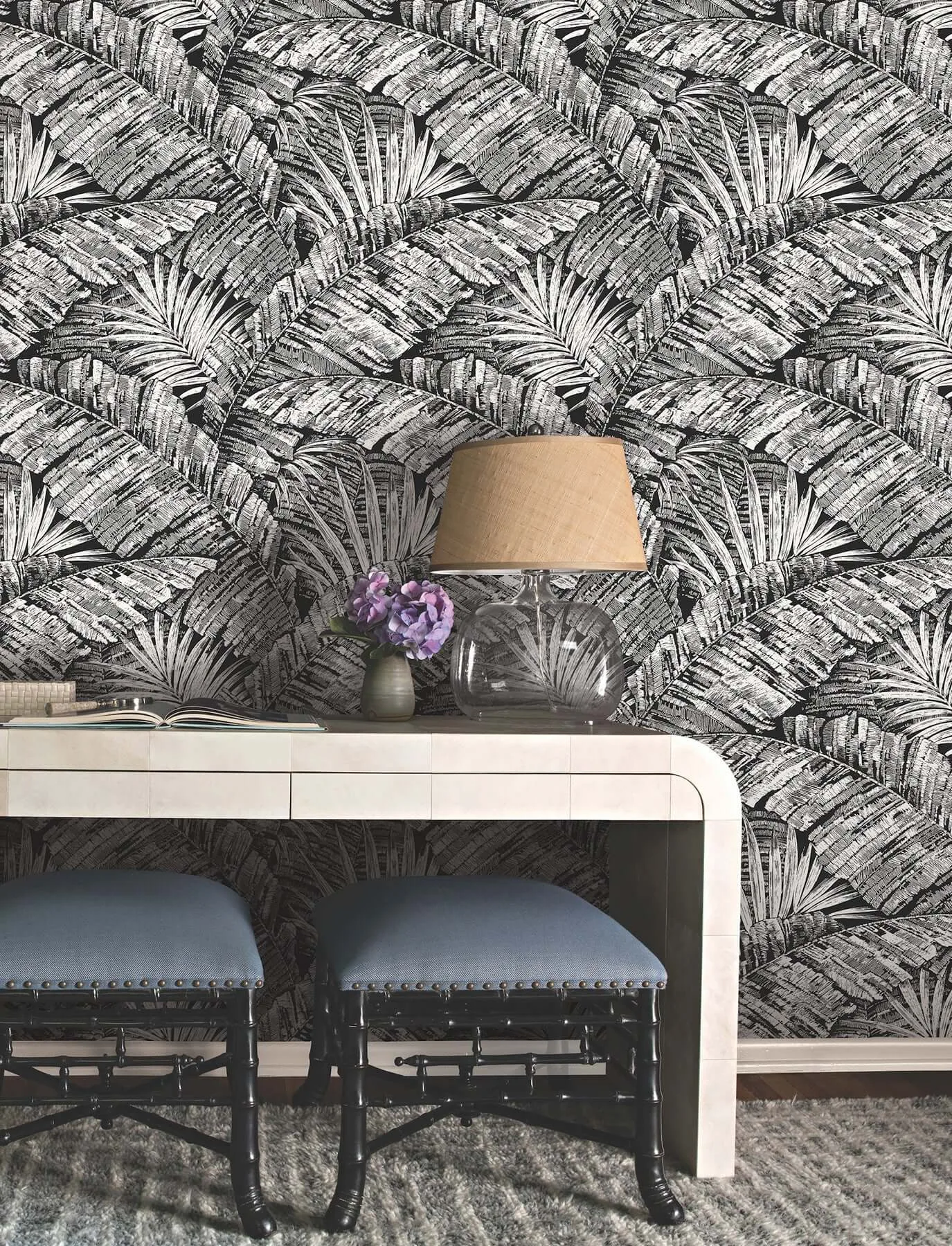 York Wallcoverings Palm Cove Toile - White & Black Wallpaper | Buy Online York Wallcoverings Palm Cove Toile wallpaper, color White & Black, SKU RT7921