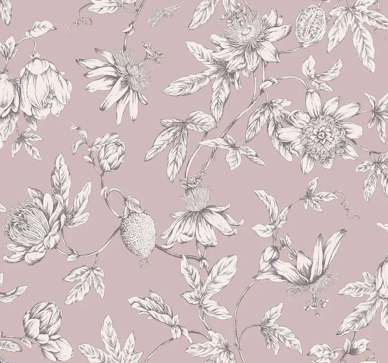 York Wallcoverings Passion Flower Toile wallpaper, color Orchid, SKU RT7851