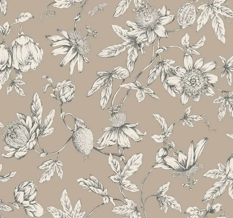 York Wallcoverings Passion Flower Toile wallpaper, color Linen, SKU RT7852