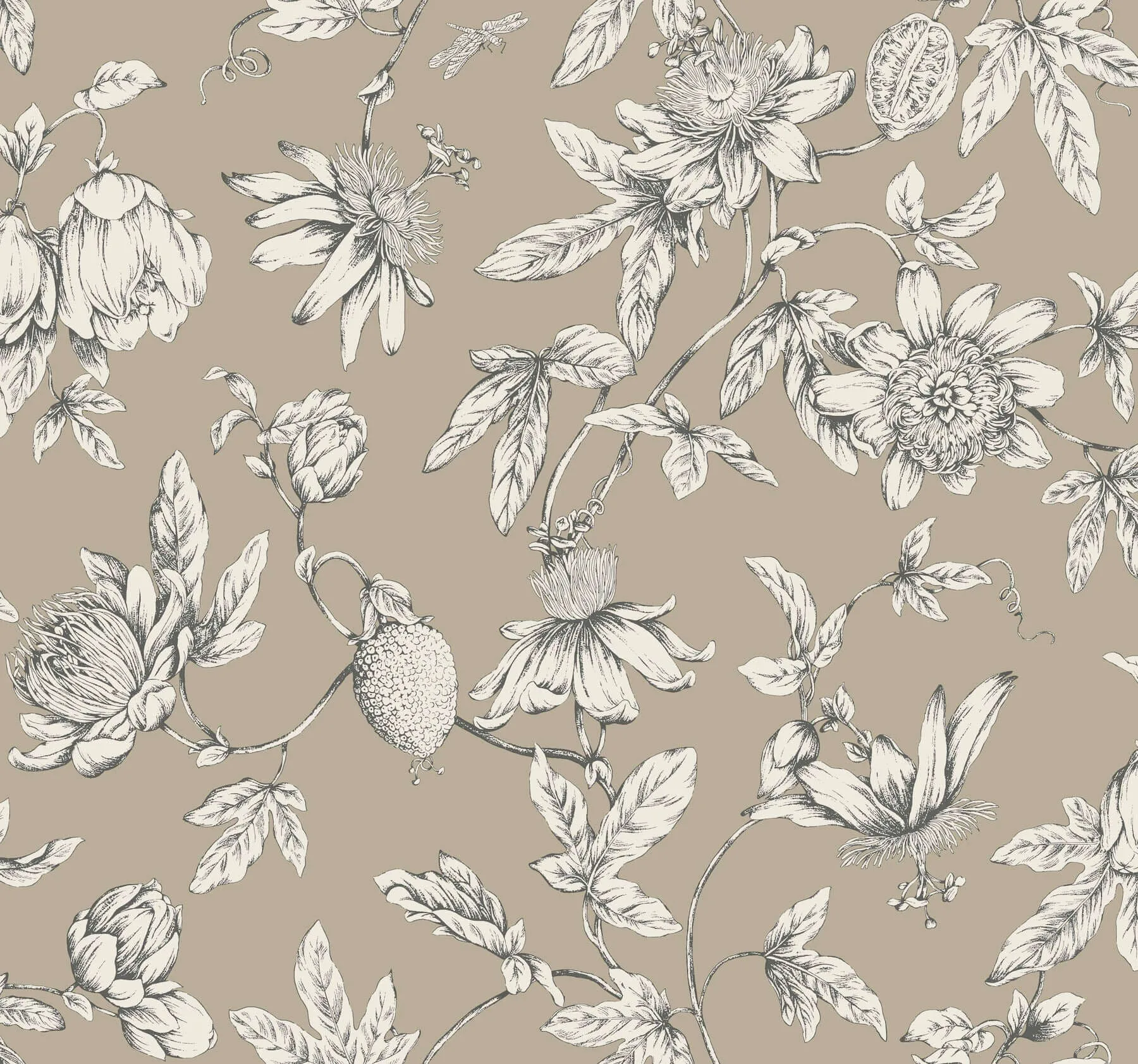 York Wallcoverings Passion Flower Toile wallpaper, color Linen, SKU RT7852