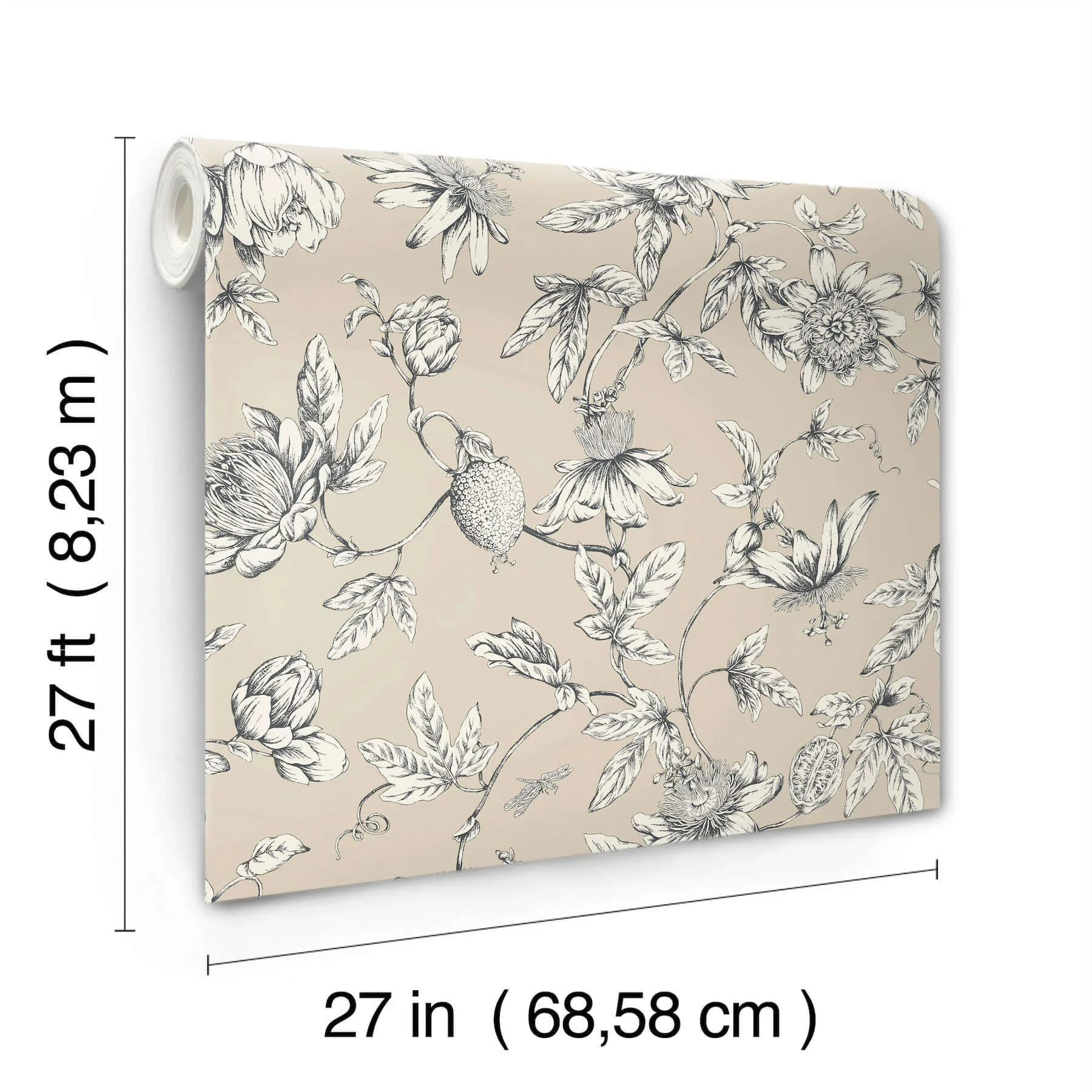 York Wallcoverings Passion Flower Toile wallpaper, color Beige, SKU RT7854
