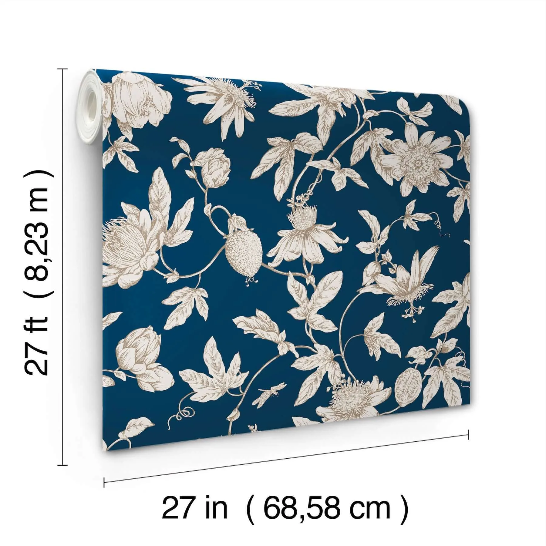 York Wallcoverings Passion Flower Toile - Navy Wallpaper | Buy Online York Wallcoverings Passion Flower Toile wallpaper, color Navy, SKU RT7856