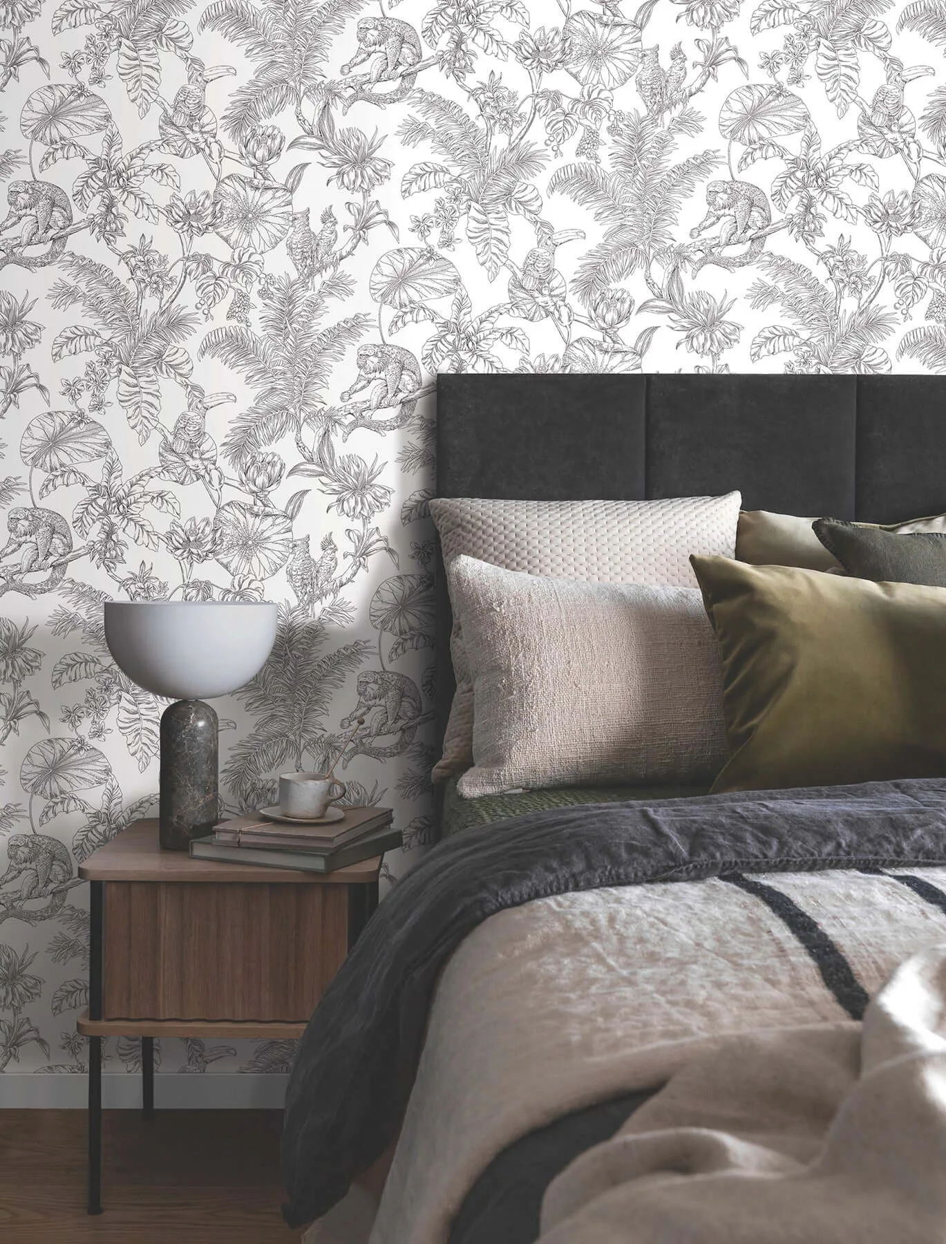 York Wallcoverings Tropical Sketch Toile wallpaper, color Black, SKU RT7841